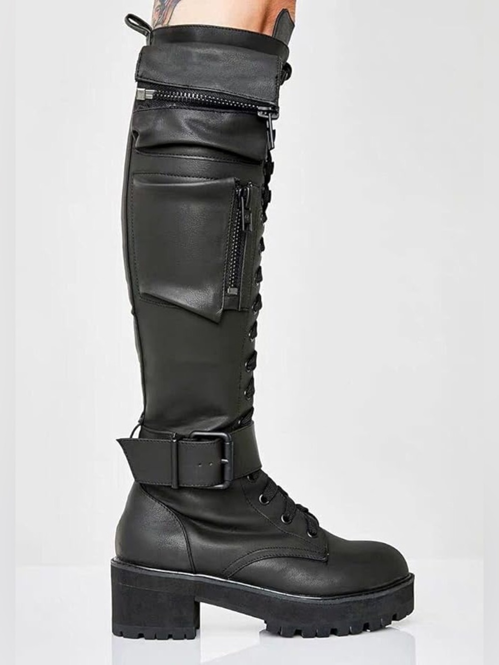 Current Mood Black Obsidian Pocket Knee High Combat Boots 9
